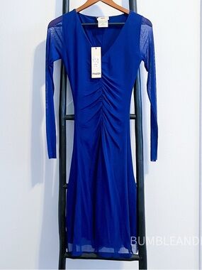 NWT Fuzzi Blue Sheer Sleeve Ruched V-Neck Valley Dress
